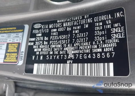 2014 Kia Sorento Lx from USA, damaged, VIN 5XYKT3A67EG438567